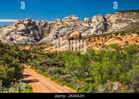 Rocce a Yampa Plateau, Split Mountain in Distance, Cub Creek Road, Dinosaur National Monument, Utah, USA Foto Stock