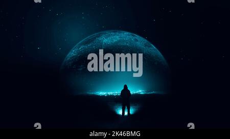 Un concetto fantascientifico di un uomo che guarda un pianeta alieno luminoso nel cielo notturno. Foto Stock