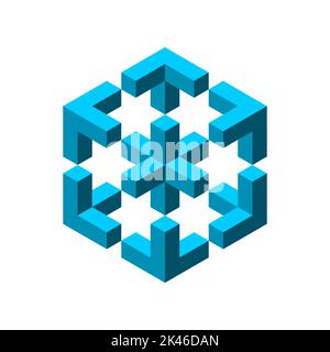 Forma impossibile fatta di cubi. Penrose esher oggetto geometrico. Proiezione isometrica. Forma esagonale con una croce al centro. Design a 3D blocchi blu Illustrazione Vettoriale