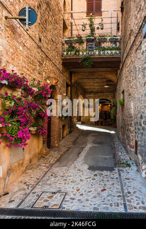 La magia di Spello, antico borgo medievale dell'Umbria Foto Stock