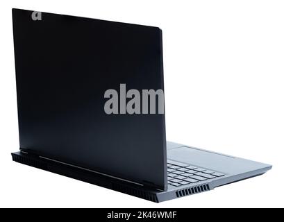 Vista isometrica posteriore di un notebook nero aperto con percorso di ritaglio Foto Stock