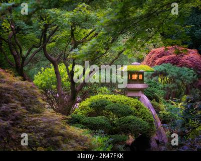 Lanterne accese in Portland Giardini Giapponesi. Oregon Foto Stock