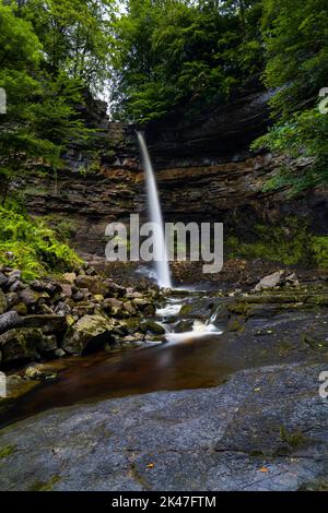 Una vista verticale della cascata Hardraw Force nelle Yorkshire Dales nel lussureggiante splendore estivo Foto Stock