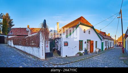 SZENTENDRE, UNGHERIA - 24 FEBBRAIO 2022: Panorama di via Gozhajo con vecchie case, caffè e ristoranti, il 24 febbraio a Szentendre Foto Stock