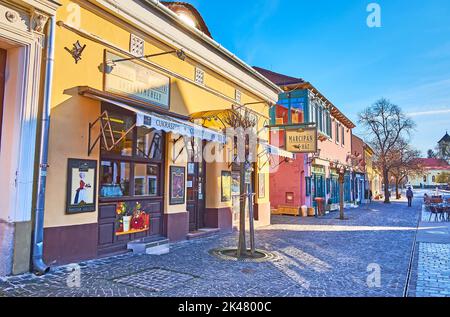 SZENTENDRE, UNGHERIA - 24 FEBBRAIO 2022: Casa tradizionale Marzipan su Via Duntsa Jeno, il 24 febbraio a Szentendre Foto Stock