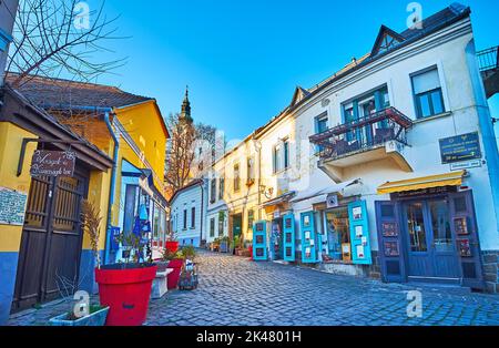 SZENTENDRE, UNGHERIA - 24 FEBBRAIO 2022: Via Alkotmany con case d'epoca, negozi di souvenir, ristoranti, caffè, il 24 febbraio a Szentendre Foto Stock