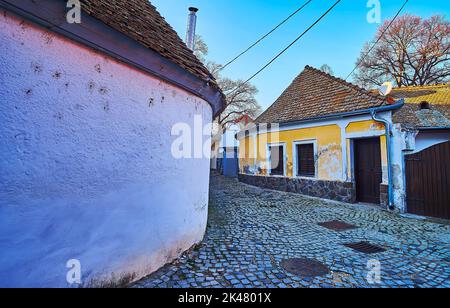 Esplora le strade della città vecchia, cammina lungo Hunyadi Street con case d'epoca, Szentendre, Ungheria Foto Stock