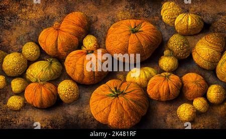 Un'illustrazione del 3D di una raccolta autunnale con zucche e zucche su sfondo colorato d'autunno. Foto Stock