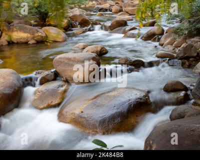 Una foto a lunga esposizione di un piccolo torrente che scorre attraverso una roccia marrone. E ci sono alberi verdi come sfondo. Si tratta di un obiettivo specifico. Foto Stock