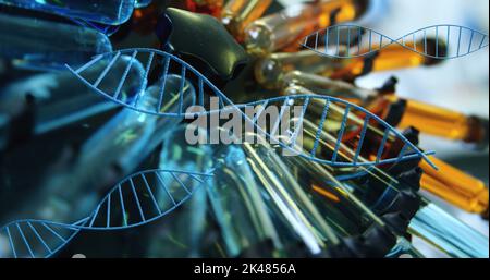 Strutture di dna multiple che ruotano contro più provette in centrifuga in laboratorio. Ricerca medica e concetto di tecnologia scientifica Foto Stock