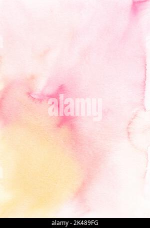 Astratto colore pastello rosa-giallo acquerello struttura di fondo, dipinto a mano. Fondo artistico di colore pesca e fucsia chiaro, macchie sulla carta. Aquarelle r Foto Stock