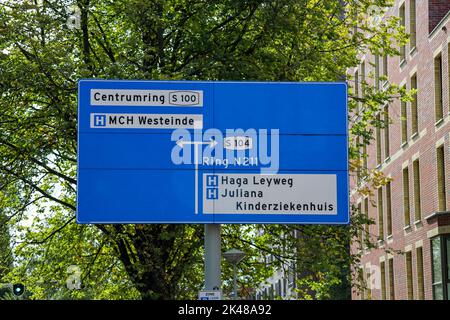 Indicazioni per i Paesi Bassi in blu e in bianco per raggiungere i due grandi ospedali dell'Aia, il Westeinde en Haga Leyweg e l'ospedale per bambini Juliana Foto Stock