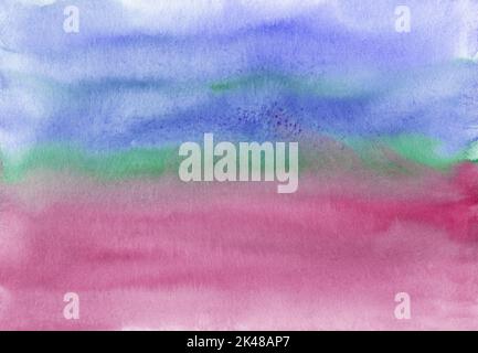 Acquerello colore blu calmo, rosa, verde fondo texture. Macchie sulla carta, dipinte a mano. Foto Stock