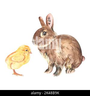 marrone carino bunny giallo pulcino acquerello su sfondo bianco isolato, disegnato a mano. Perfetto per la progettazione di biglietti, inviti, scrapbooking, stampa su tessuto. Foto Stock