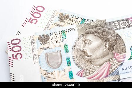 Banconote polacche di grosso taglio, 200 e 500 zlotys. Denaro in valuta polacca. Foto Stock