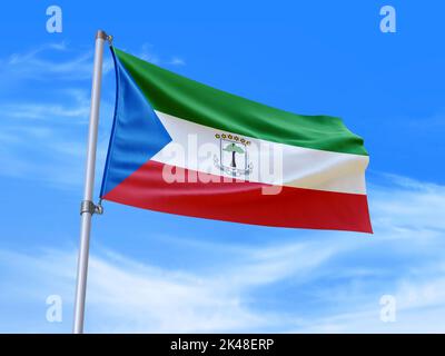 Bella bandiera della Guinea Equatoriale che sventola nel vento con lo sfondo del cielo - 3D illustrazione - 3D rendering Foto Stock