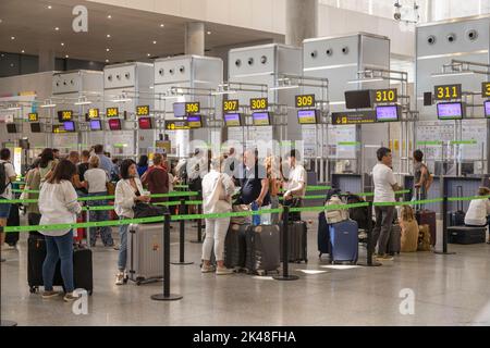 Viaggiatori con valigie in coda per il check-in presso gli sportelli dell'aeroporto di Malaga. Foto Stock