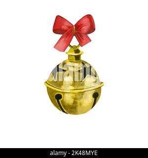 Campana d'oro di Natale con arco rosso dipinta a mano in acquerello su sfondo bianco. Adatto per decorazione, cartoline, inviti, scrapbooking Foto Stock