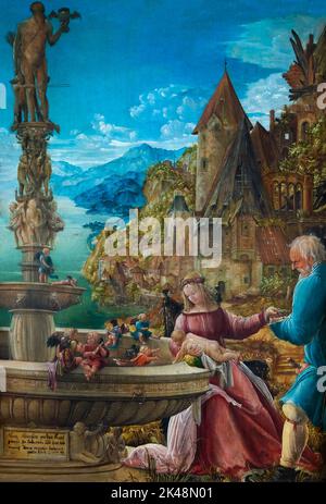 Il resto del volo in Egitto, la Sacra Famiglia a un pozzo, Albrecht Altdorfer, circa 1510, Gemaldegalerie, Berlino, Germania, Europa Foto Stock