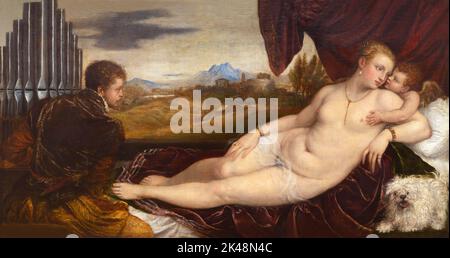 Venere con l'Organ Player, Tiziano, circa 1550-1552, Gemaldegalerie, Berlino, Germania, Europa Foto Stock