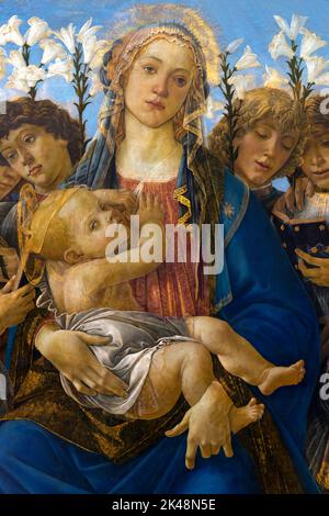 Maria e il Bambino con angeli canti, Sandro Botticelli, circa 1477, particolare, Gemaldegalerie, Berlino, Germania, Europa Foto Stock