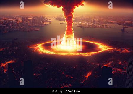 Vista drone di un'esplosione nucleare che si verifica in una città di New York, Manhattan durante una guerra apocalittica o impatto meteorico con una nuvola di funghi di fuoco. 3D Foto Stock