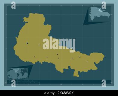 Duarte, provincia della Repubblica Dominicana. Forma a tinta unita. Posizioni delle principali città della regione. Mappe delle posizioni ausiliarie degli angoli Foto Stock