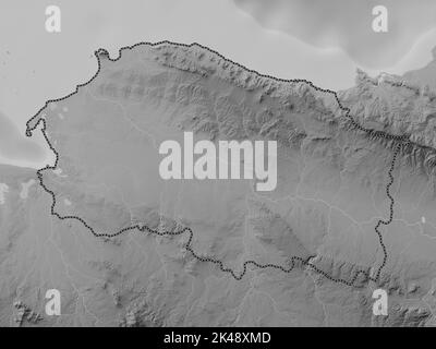 Monte Cristi, provincia della Repubblica Dominicana. Mappa in scala di grigi con laghi e fiumi Foto Stock