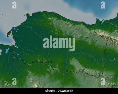 Monte Cristi, provincia della Repubblica Dominicana. Mappa di altitudine colorata con laghi e fiumi Foto Stock