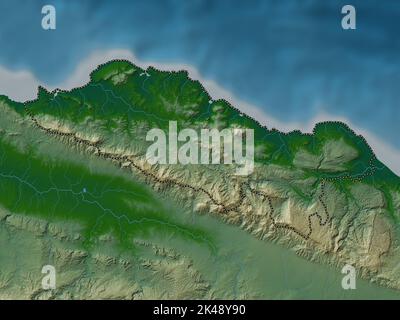 Puerto Plata, provincia della Repubblica Dominicana. Mappa di altitudine colorata con laghi e fiumi Foto Stock