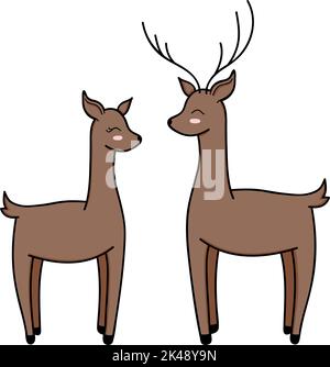 Biglietto d'auguri per una coppia di renne. Carino famiglia cervi doodle carta. Illustrazione Vettoriale