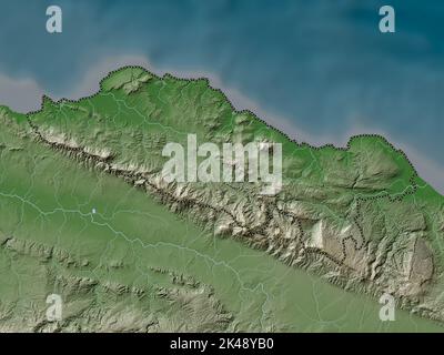 Puerto Plata, provincia della Repubblica Dominicana. Mappa dell'altitudine colorata in stile wiki con laghi e fiumi Foto Stock