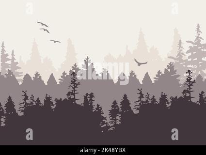 Foresta silhouette sfondo. Foresta disegnata a mano senza cuciture vettoriali. Illustrazione Vettoriale