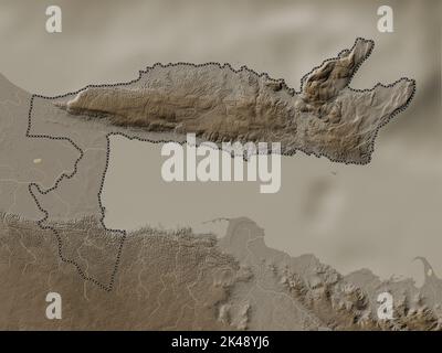 Samana, provincia della Repubblica Dominicana. Mappa dell'altitudine colorata in tonalità seppia con laghi e fiumi Foto Stock