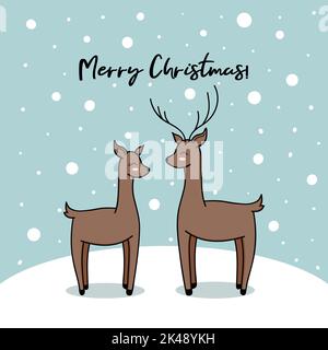 Biglietto d'auguri per una coppia di renne. Natale Doodle card. Carino capriolo famiglia amore xmas concetto. Illustrazione Vettoriale