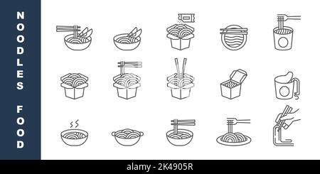 Set di icone per la linea degli alimenti per tagliatelle. Collezione di simboli per lo stile lineare, confezione di simboli per contorni. Grafica vettoriale a spaghetti istantanei. Il set include icone come ramen so Illustrazione Vettoriale