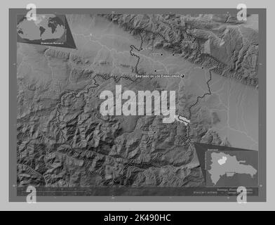 Santiago, provincia della Repubblica Dominicana. Mappa in scala di grigi con laghi e fiumi. Località e nomi delle principali città della regione. Aux. D'angolo Foto Stock