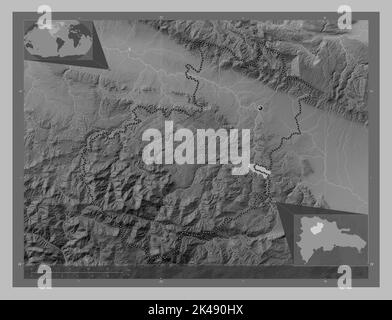 Santiago, provincia della Repubblica Dominicana. Mappa in scala di grigi con laghi e fiumi. Mappe delle posizioni ausiliarie degli angoli Foto Stock