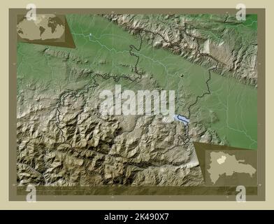 Santiago, provincia della Repubblica Dominicana. Mappa dell'altitudine colorata in stile wiki con laghi e fiumi. Mappe delle posizioni ausiliarie degli angoli Foto Stock