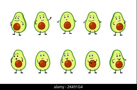 personaggio avocado con faccia divertente. Allegro set di emoji fumetto carino. Stile comico simpatico e divertente. Illustrazione vettoriale cartoon piatta isolata su sfondo bianco gr Illustrazione Vettoriale