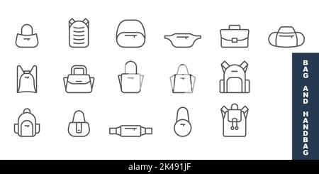 Set icone linea borsa e borsa, collezione di simboli vettoriali contorno, confezione di pittogrammi stile lineare. Cartelli, illustrazione del logo. Il set include icone come Ba Illustrazione Vettoriale