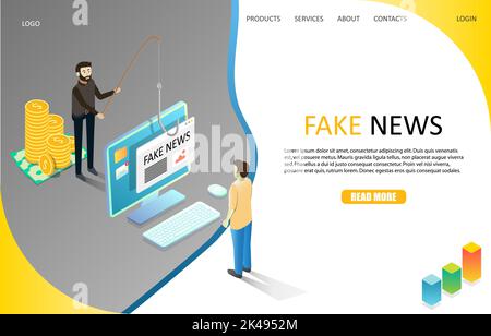 Modello di pagina di destinazione delle notizie false. Illustrazione isometrica vettoriale. Disinformazione o truffe diffuse tramite social media online o siti di notizie falsi. Illustrazione Vettoriale