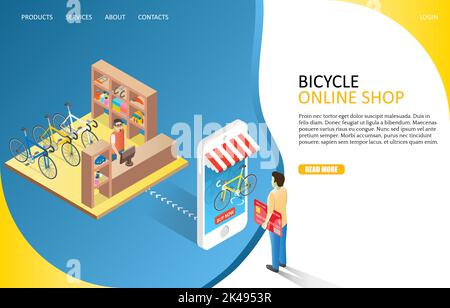 Modello sito web della landing page del negozio online di biciclette. Illustrazione isometrica vettoriale dell'uomo che fa shopping tramite smartphone. Shopping online, e-commerce con Illustrazione Vettoriale