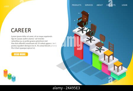Modello di sito Web della landing page della carriera aziendale. Illustrazione isometrica vettoriale della scala di carriera con i generi differenti di sedie dallo sgabello all'ufficio del capo Illustrazione Vettoriale