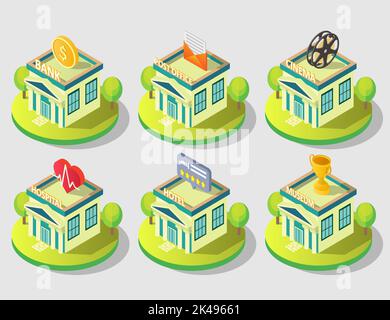 Set di icone per edifici pubblici della città. Vector isometric banca, ufficio postale, cinema, ospedale, hotel e musei edifici vista esterna. Illustrazione Vettoriale