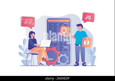 Concetto di sviluppo di app con la scena delle persone. Progettisti uomo e donna che creano layout di interfaccia per applicazioni mobili, programmazione e codifica. Vettore Illustrazione Vettoriale