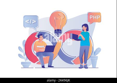 Concetto DevOps con la scena delle persone. Donna e uomo collaborano al progetto, al brainstorming, alla programmazione e alla gestione, alla comunicazione di lavoro di squadra. Vettore Illustrazione Vettoriale