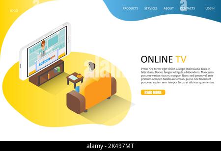 Modello sito Web della landing page TV online. Illustrazione isometrica vettoriale dell'uomo che guarda le ultime notizie tramite smartphone mentre è seduto sul divano di casa. Illustrazione Vettoriale