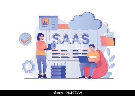 Concetto SaaS con la scena delle persone. Donna e uomo utilizzano il software come servizio, sottoscrizione online a programmi, data center e tecnologia cloud. Vettore Illustrazione Vettoriale