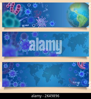 Set di modelli di banner Web del vettore di attacco virus. Virus microscopici di varie forme e colori, batteri e microbi, pianeta Terra, mappa del mondo. Microfono virologico Illustrazione Vettoriale